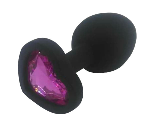 Heart Shaped Black Silicone Butt Plug with Gem Small - Pink