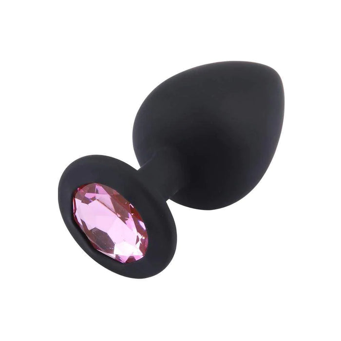 Black Silicone Butt Plug with Round Gem Large - Pink