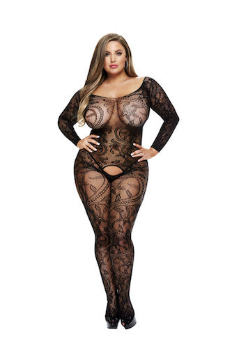 BACI 5002 Criss cross crotchless bodystocking Queen Size - Black