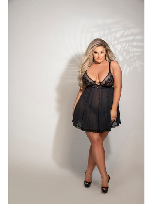 Two Piece Embroidered Babydoll And Panty Set STM-11285X-Black-1X/2X