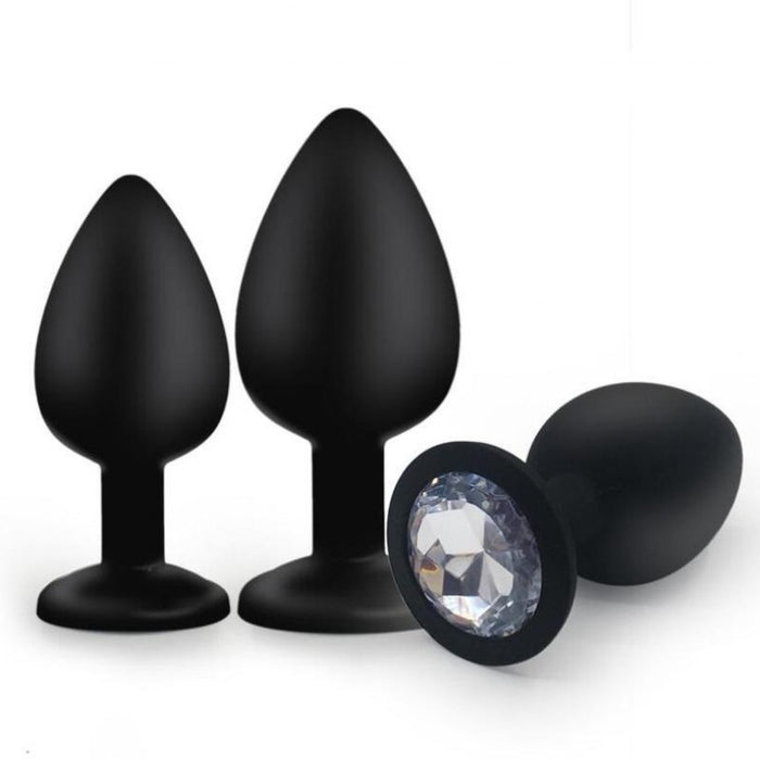 Everyday Sexy Black Silicone Butt Plug with Round Gem Large - Clear