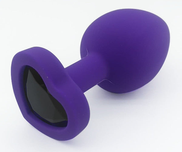 Heart Shaped Purple Silicone Butt Plug with Black Gem - Large